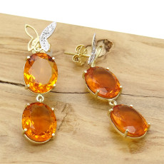 Par de Brincos Borboletas com 4 diamantes e Citrino, em Ouro Amarelo 18 Kilates